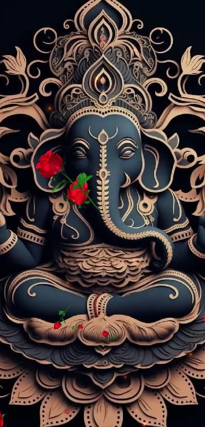 Elegant Ganesha wallpaper with floral design on navy background.