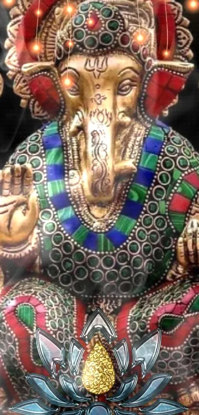 Intricate Ganesha statue with colorful, decorative jewels.