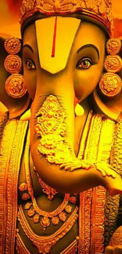 Golden tones Ganesha statue in vibrant mobile wallpaper.