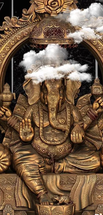 Intricate golden Ganesha statue wallpaper with ornate design on a black background.