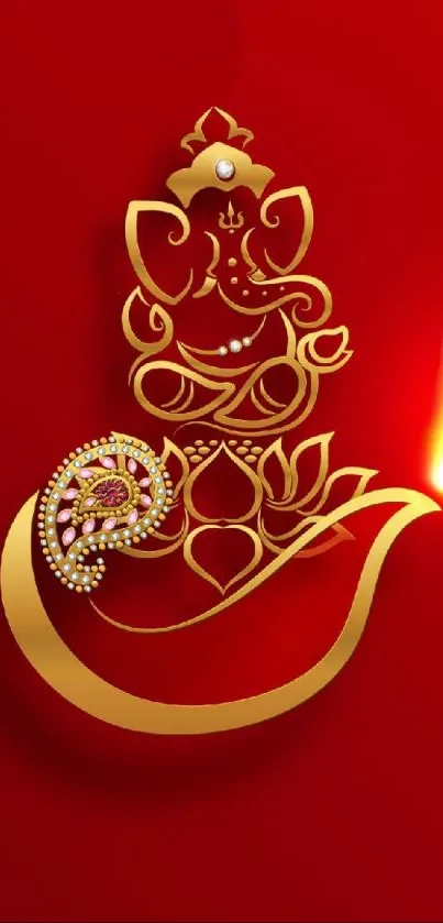 Gold Ganesh design on a red background with a glowing light