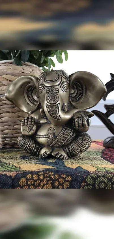 Bronze Ganesha statue on colorful woven mat.