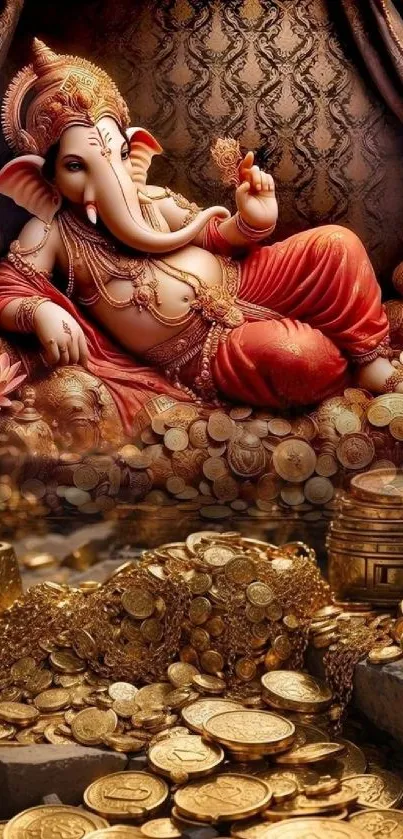 Ganesha amidst coins and red drapery for wealth.