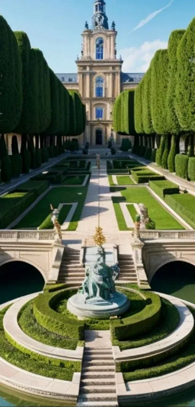 Elegant garden view with lush greenery and historical architecture.