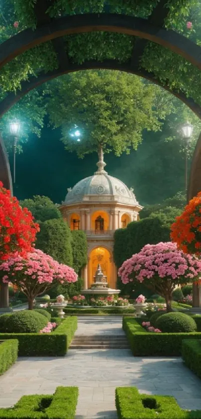 Garden dome at night with vibrant flowers.