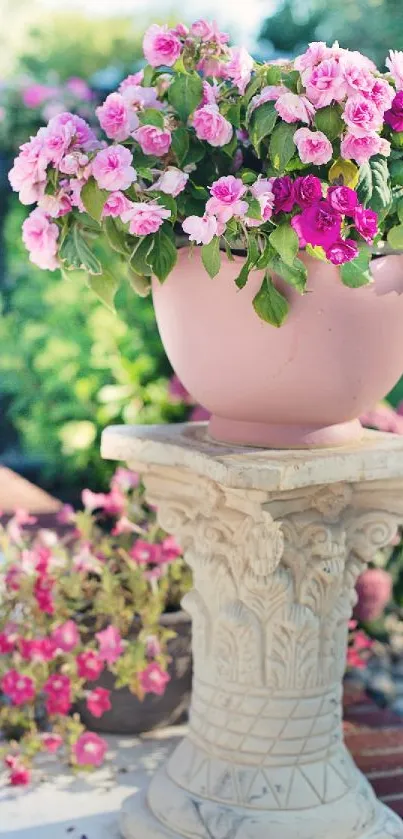 Elegant garden pot with pink flowers in a picturesque setting.