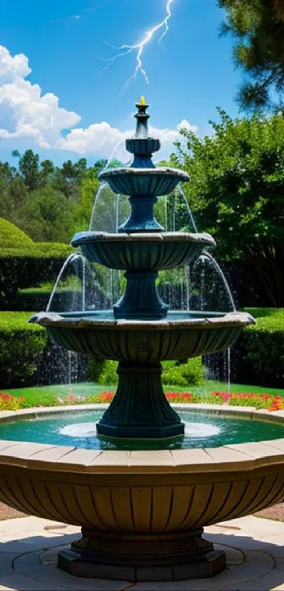 Elegant garden fountain beneath a cloudy sky with lightning.