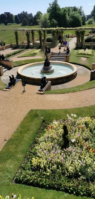 Elegant garden with central fountain and vibrant flower beds.