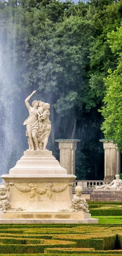 Classical statue with garden fountain in lush green setting.