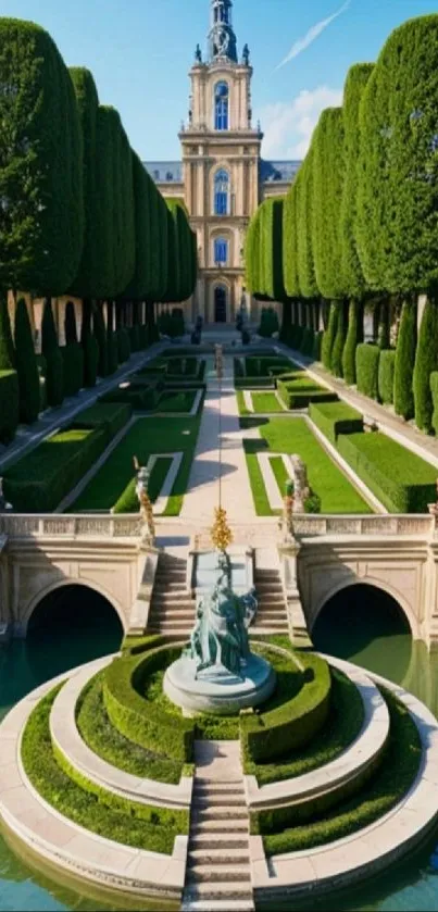 Elegant garden view with grand palace.