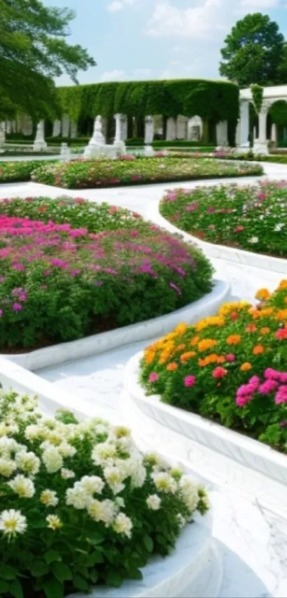 Elegant garden with vibrant flowers and marble pathway.