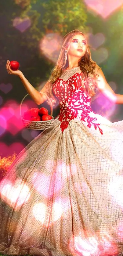Princess in elegant red gown in a lush garden setting.