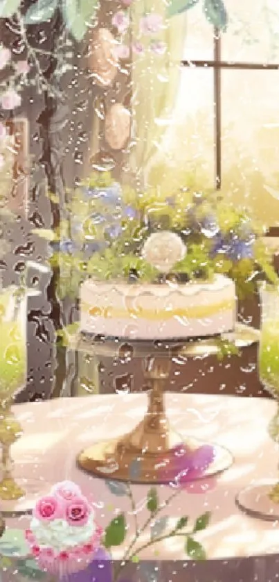 Elegant garden tea party scene with floral decor and cake.