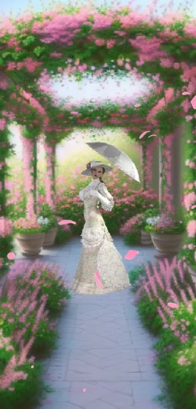 Elegant lady in garden with pink flowers and green archways.