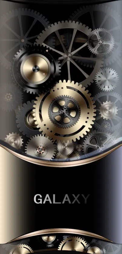 Mobile wallpaper with elegant metallic gear design on a black background.