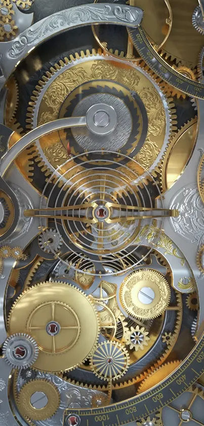 Close-up of intricate golden and silver gears in a detailed watch mechanism design.