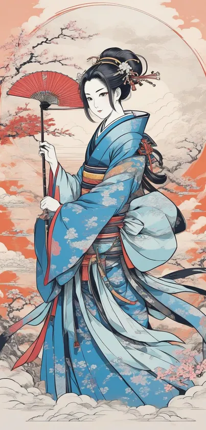 Geisha in blue kimono with red umbrella, surrounded by cherry blossoms.