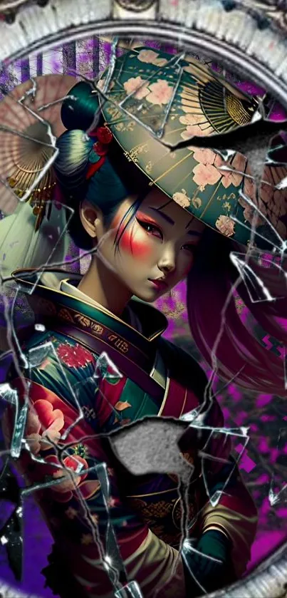 Elegant geisha reflected in broken glass with vibrant purple background.