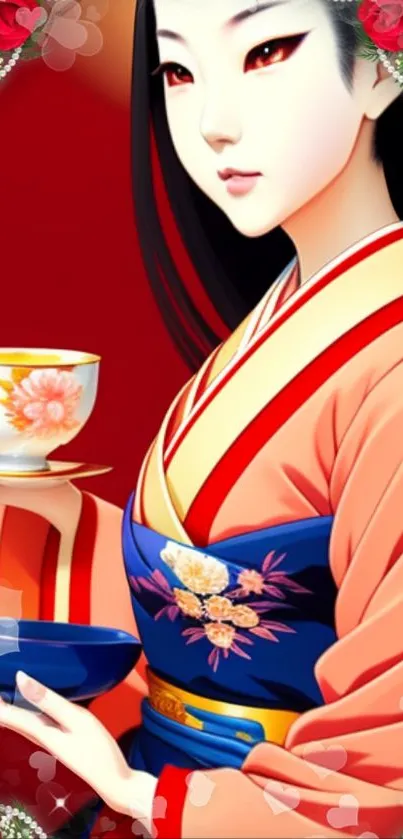 Elegant geisha holding a cup with floral decor and cherry blossoms.