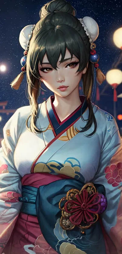 Geisha in traditional attire with lanterns and night sky.