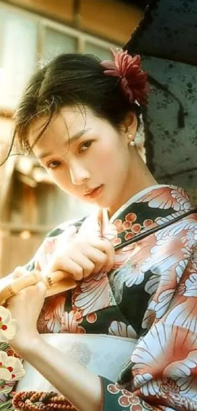 Elegant geisha in floral attire holds an umbrella, set in warm tones and soft light.