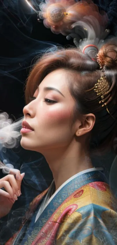 Elegant geisha in kimono with artistic smoke background.