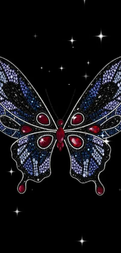 Gem-studded butterfly on black background with sparkling stars.