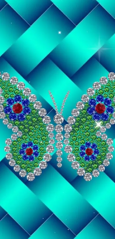 Gem-encrusted butterfly on turquoise background wallpaper.