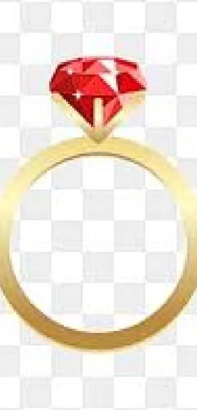 Gold ring with red gemstone on checkered background.