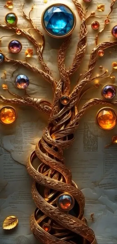 Elegant gem tree with colorful decorations on a mobile wallpaper.