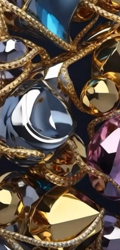 Abstract art wallpaper with gold and colorful gemstones.