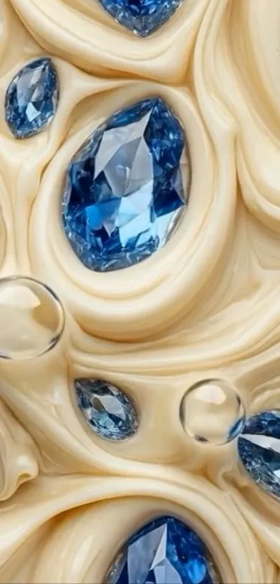 Elegant abstract art with blue gemstones on beige texture.