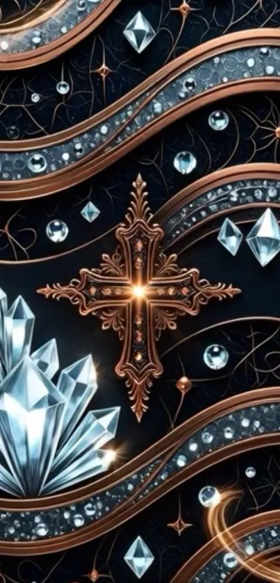 Artistic wallpaper with gemstones and a cross on a black background.