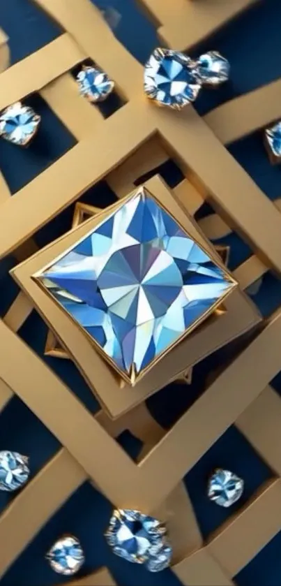 Elegant gemstone art with gold lattice and blue gems.