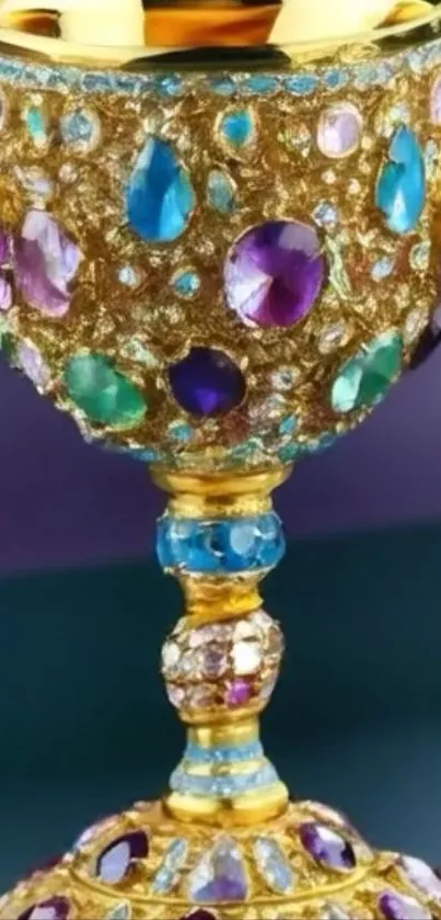 Golden chalice adorned with colorful gemstones.