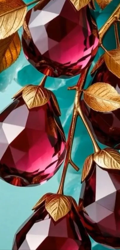 Elegant wallpaper with red gemstones and golden leaves.