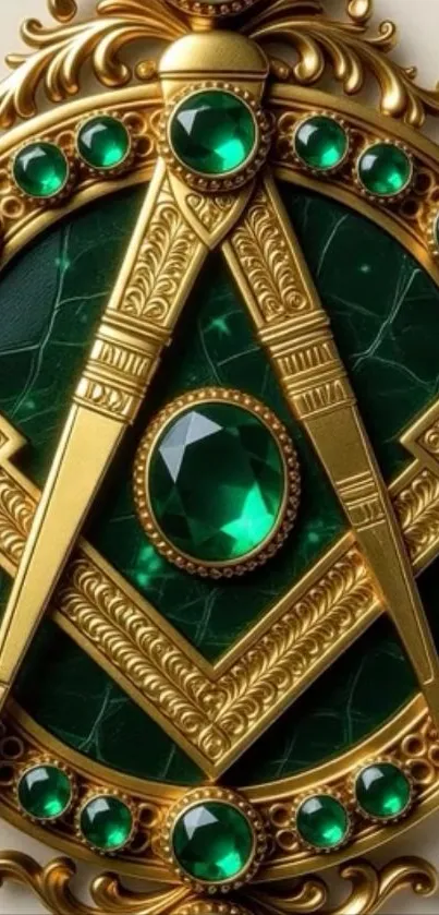 Elegant gemstone emblem with gold design and green gems.