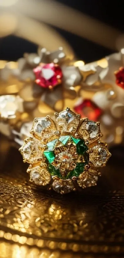 Elegant gemstone flower with gold and emerald accents.