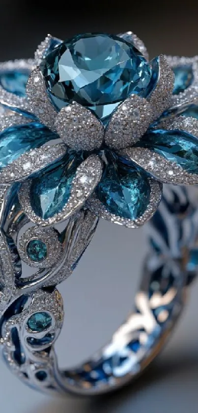Elegant gemstone flower ring in blue with intricate details.