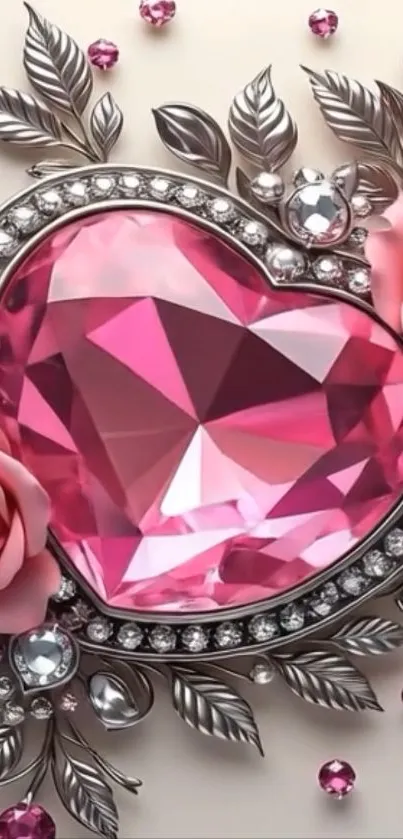Pink gemstone heart with roses art design.