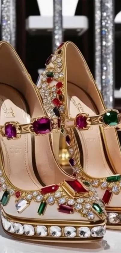 Luxurious gemstone high heels with ornate design.