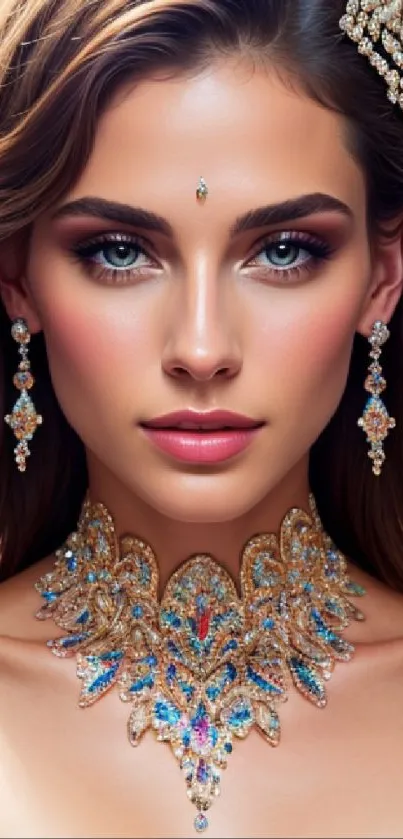 Portrait with elegant decorative jewelry and sparkling gemstones.