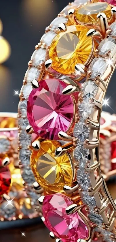 Close-up of colorful gemstone jewelry in gold settings.