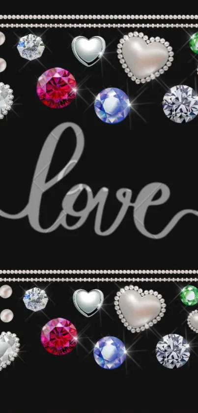 Elegant mobile wallpaper with gemstones, hearts, and 'love' text on black background.