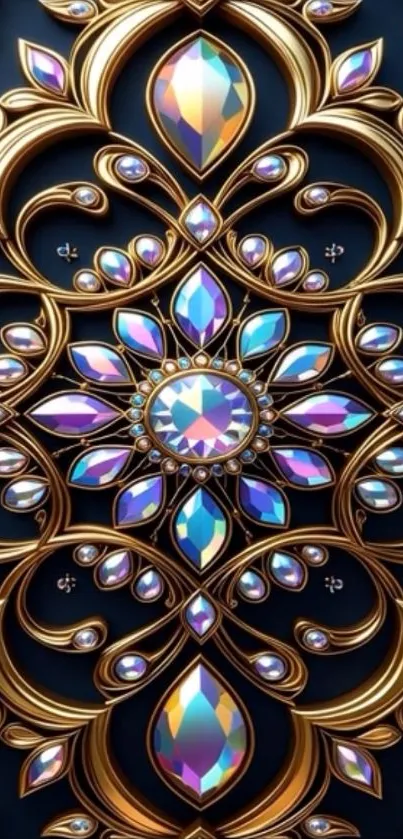 Elegant mandala design with gemstones and gold patterns.