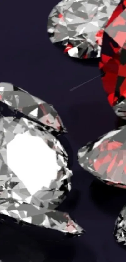 Elegant wallpaper with shiny diamonds and a bold red ruby on dark background.