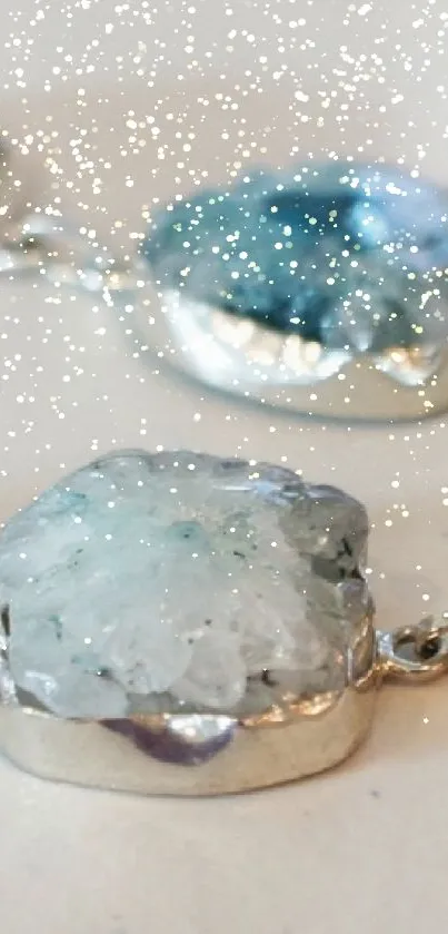 Close-up of elegant blue gemstone necklace with silver accents.