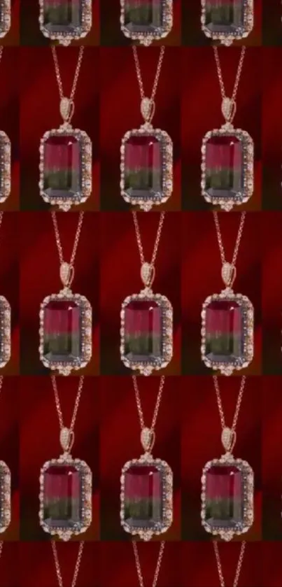 Luxurious red gemstone necklace pattern on a vibrant background.