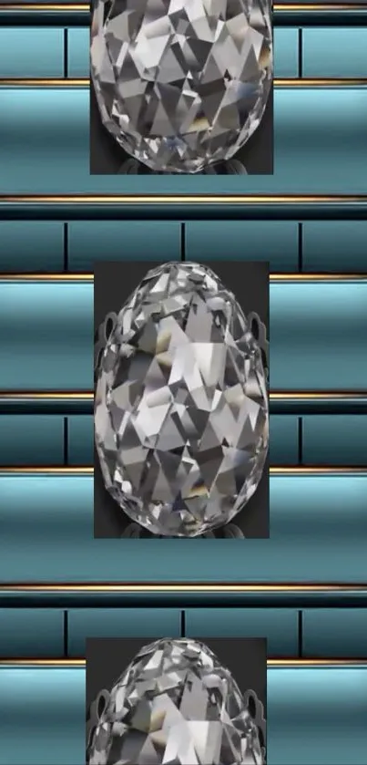 Faceted gemstone on a teal patterned background.