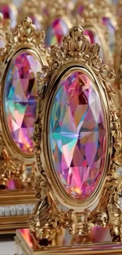 Colorful gemstones in ornate gold frames for mobile wallpaper.